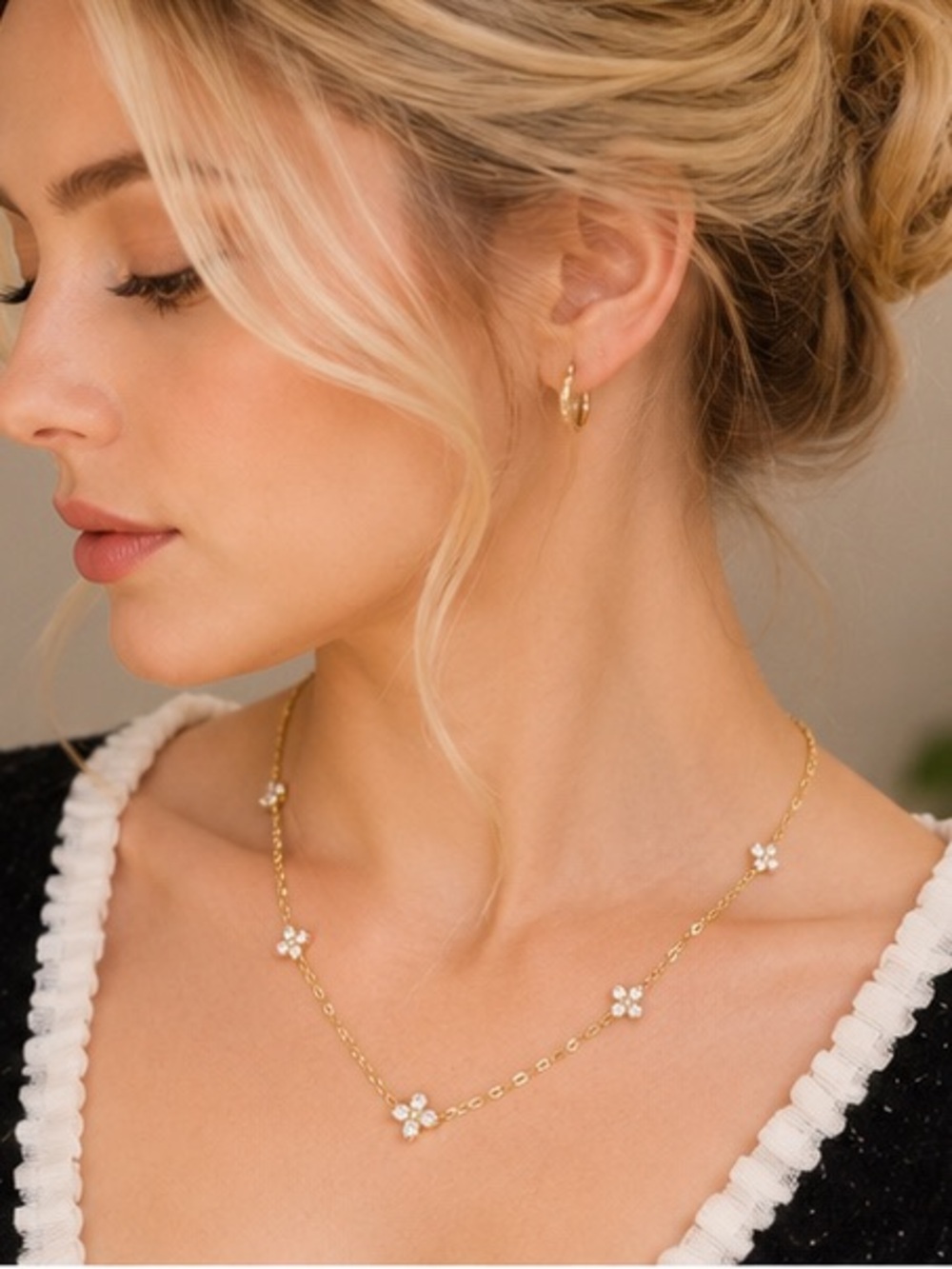Designer Inspired Dainty Gold Crystal Flower Station Necklace
